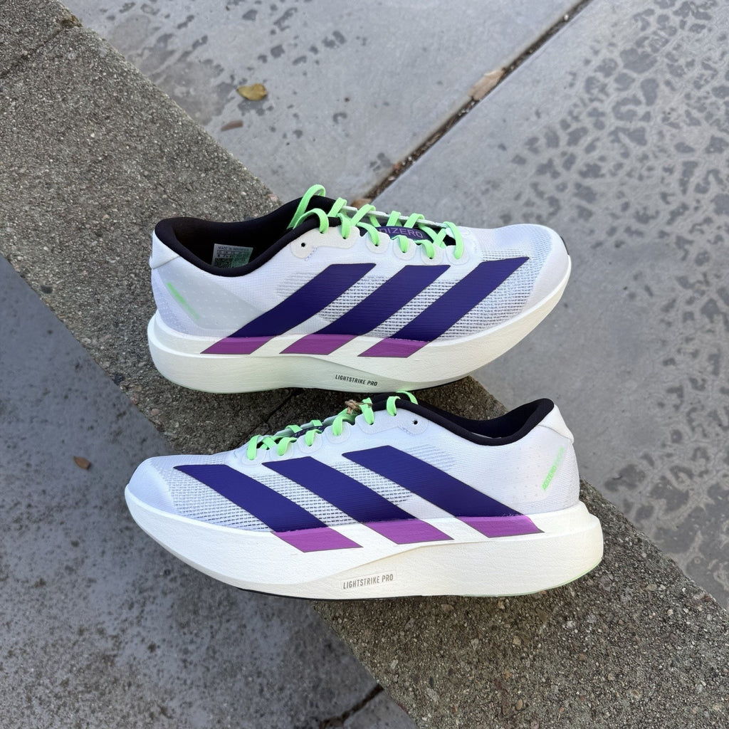 Size 12 - adidas Adizero Evo SL Footwear White Collegiate Purple Lime Burst