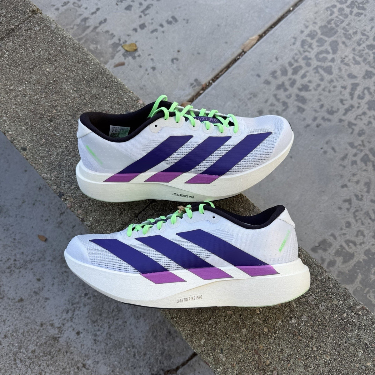 Size 12 - adidas Adizero Evo SL Footwear White Collegiate Purple Lime Burst