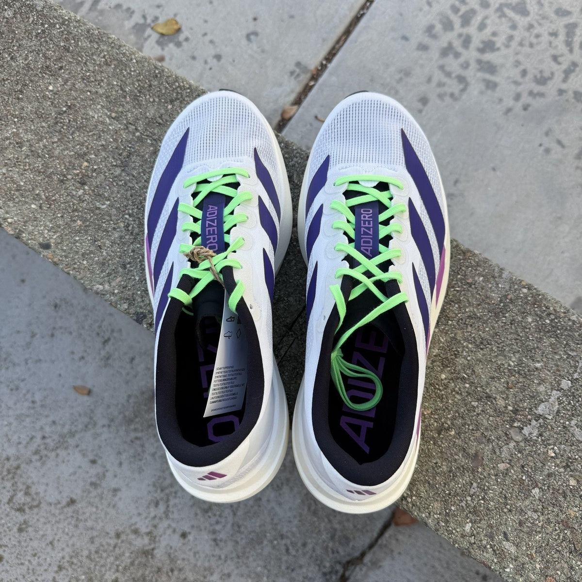 Size 12 - adidas Adizero Evo SL Footwear White Collegiate Purple Lime Burst